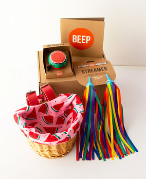 Kids bicycle gift kit with watermelon wicker basket, watermelon bike bell and rainbow streamers with a Beep gift card