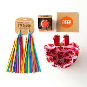Kids bicycle acessory bundle with watermelon wicker basket and rainbow streamer and watermelon bike bell