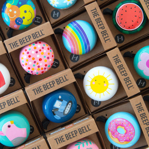 An assortment of Beep Bell with colourful and fun designs.  Great cycling gifts for kids