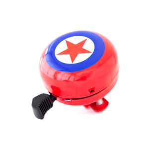 A red bicycle bell with a blue star design in the center and a circular disc on the front. The bell features a black lever and is designed for bicycles or scooters.