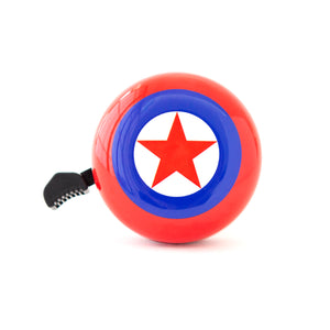 A red bicycle bell with a blue star design in the center and a circular disc on the front. The bell features a black lever and is designed for bicycles or scooters.