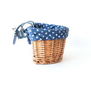 KIDS WICKER BIKE SCOOTER BASKET WITH BLUE STAR LINER