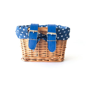 KIDS WICKER BIKE SCOOTER BASKET WITH BLUE STAR LINER