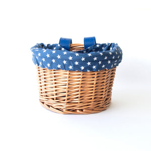 KIDS WICKER BIKE SCOOTER BASKET WITH BLUE STAR LINER