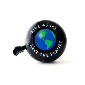 A black bicycle bell with a design of the Earth and the text 'RIDE A BIKE SAVE THE PLANET' on it.