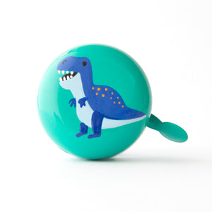 Fun Kids Bike Bell with vibrant blue t rex han-painted onto green bike bell